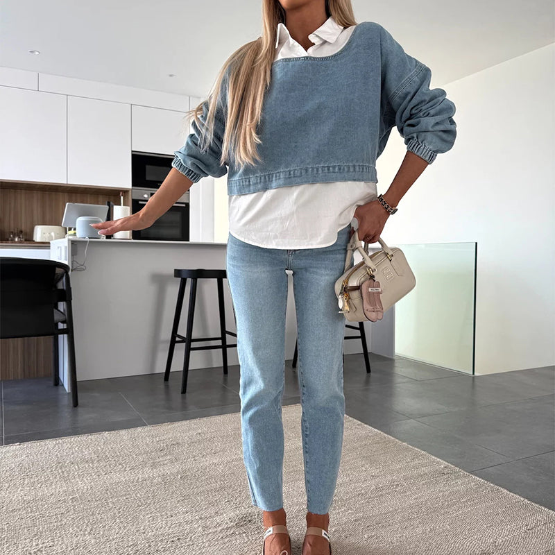 💥Women's Fashion Long Sleeve Denim Top & Pants Two Piece Set