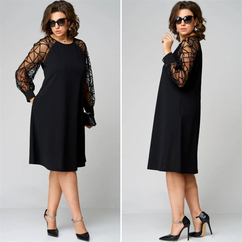 Loose Fit Black Tunic Dress with Mesh Sleeves