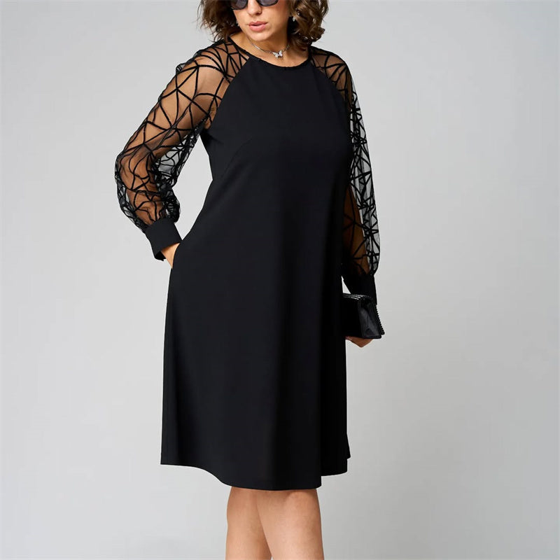 Loose Fit Black Tunic Dress with Mesh Sleeves