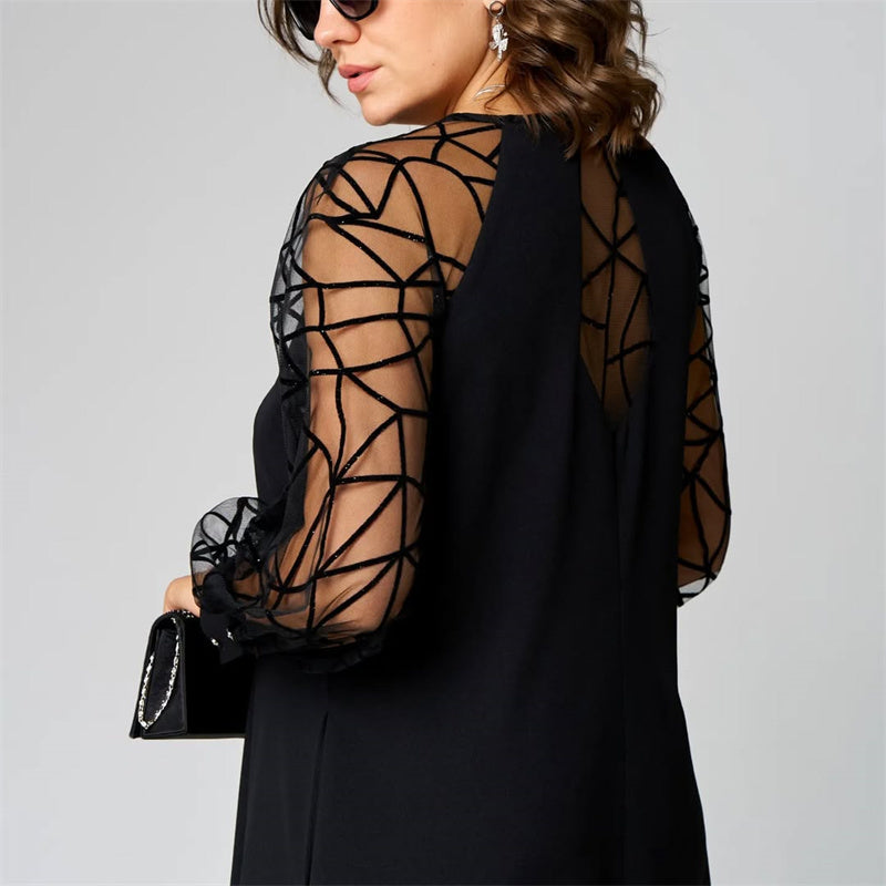 Loose Fit Black Tunic Dress with Mesh Sleeves