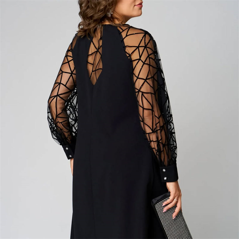 Loose Fit Black Tunic Dress with Mesh Sleeves