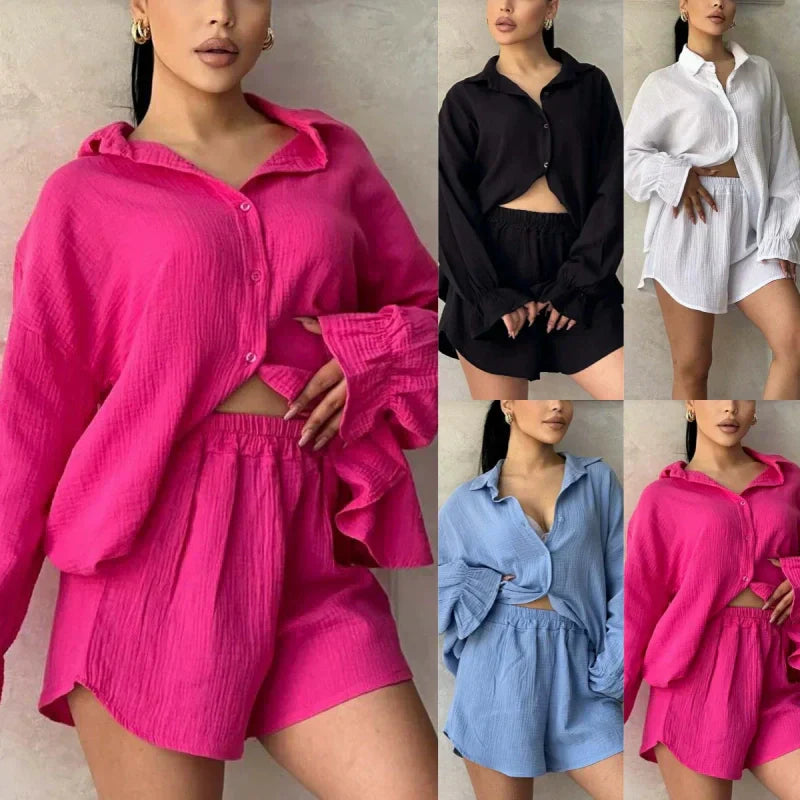 Women's Lapel Long Sleeve Shirt & High-Waisted Shorts 2-PCS Set