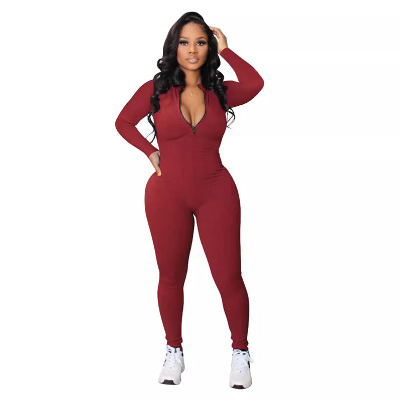 Solid Color Half Zip Seamless Jumpsuit