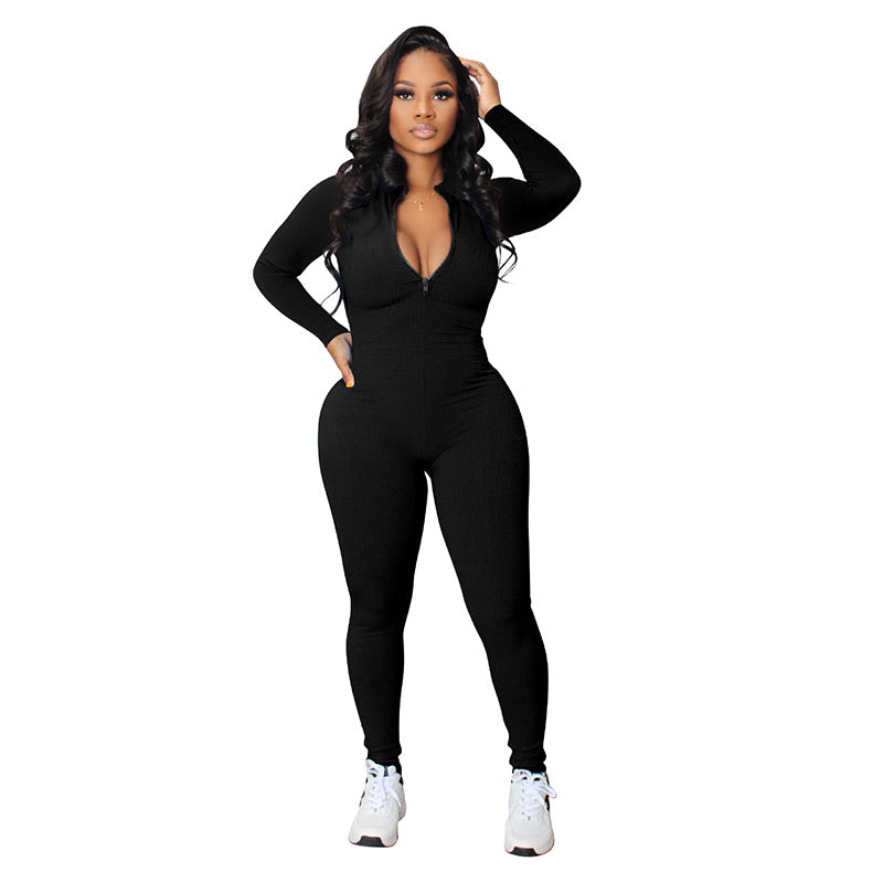 Solid Color Half Zip Seamless Jumpsuit