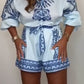 Patterned Tie Waist Button Up Two-Piece Shorts Set