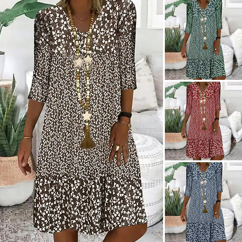 Women's Fashion Printed Mid Sleeve V-Neck Dresses