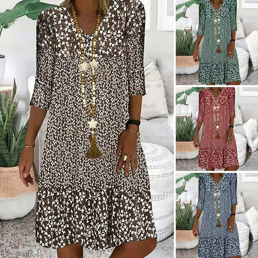 Women's Fashion Printed Mid Sleeve V-Neck Dresses
