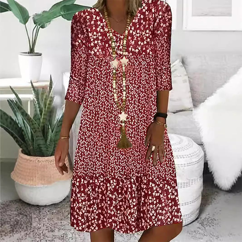 Women's Fashion Printed Mid Sleeve V-Neck Dresses