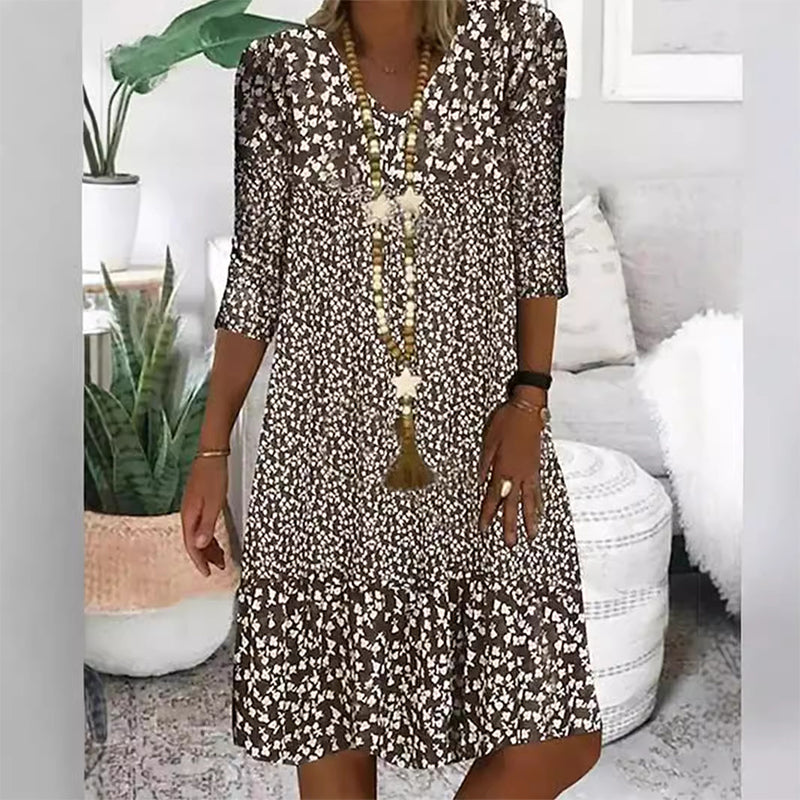Women's Fashion Printed Mid Sleeve V-Neck Dresses