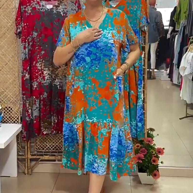 Women's Printed V-Neck Dress with Pleated Hem