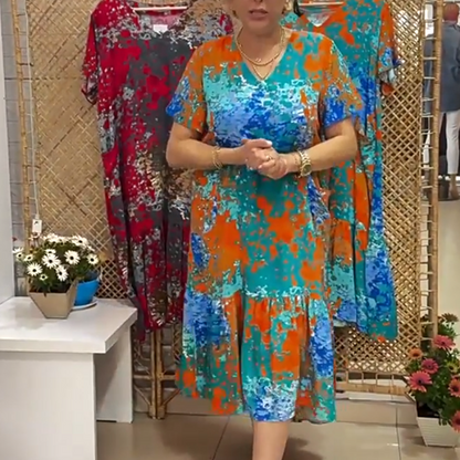 Women's Printed V-Neck Dress with Pleated Hem