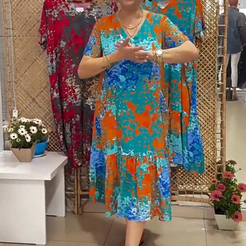 Women's Printed V-Neck Dress with Pleated Hem