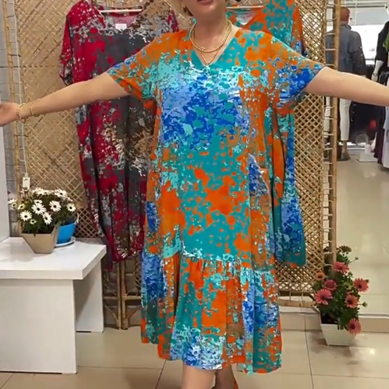 Women's Printed V-Neck Dress with Pleated Hem