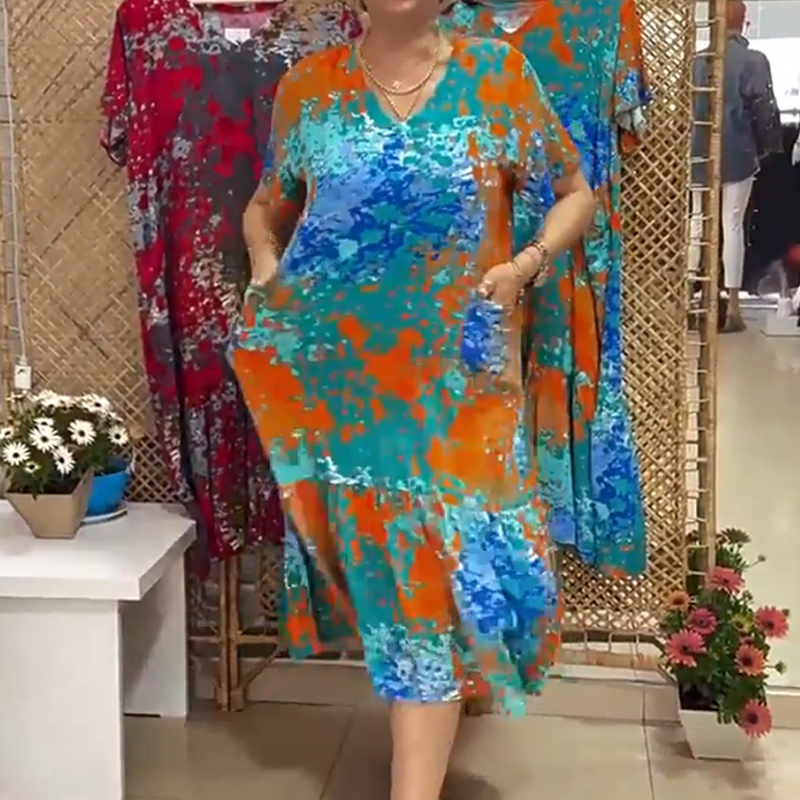 Women's Printed V-Neck Dress with Pleated Hem