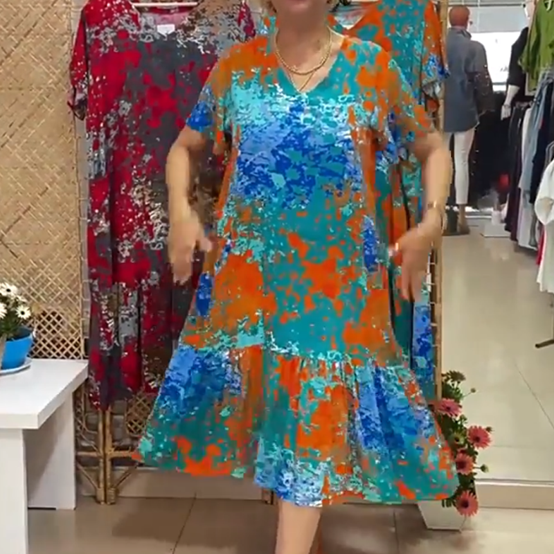 Women's Printed V-Neck Dress with Pleated Hem