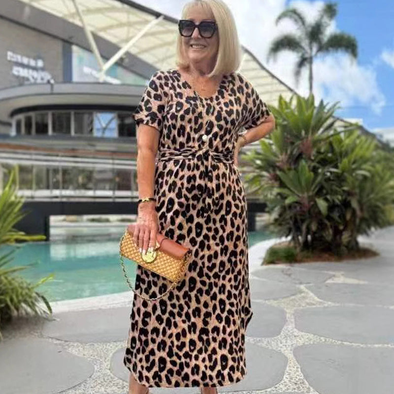🌸2025 Hot Sale🌸Women's Leopard V-Neck Long Dress with Belt