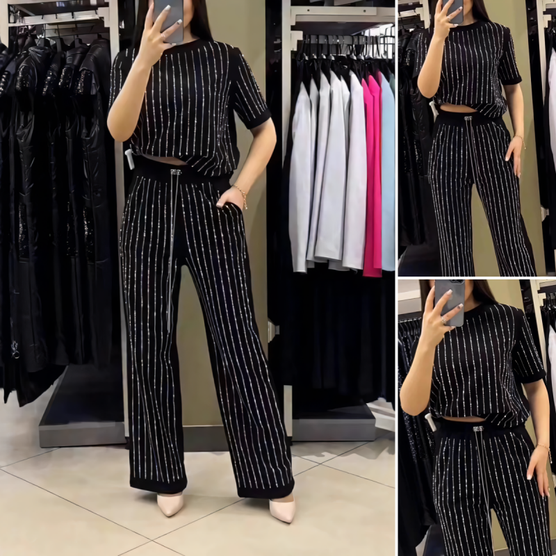 🌸2025 Hot Sale👠Women's Sparkling Rhinestone Striped Knit Two-Piece Set