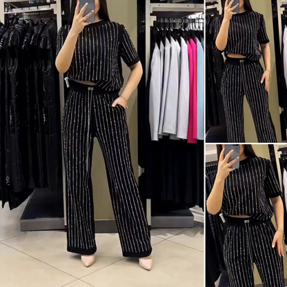 🌸2025 Hot Sale👠Women's Sparkling Rhinestone Striped Knit Two-Piece Set