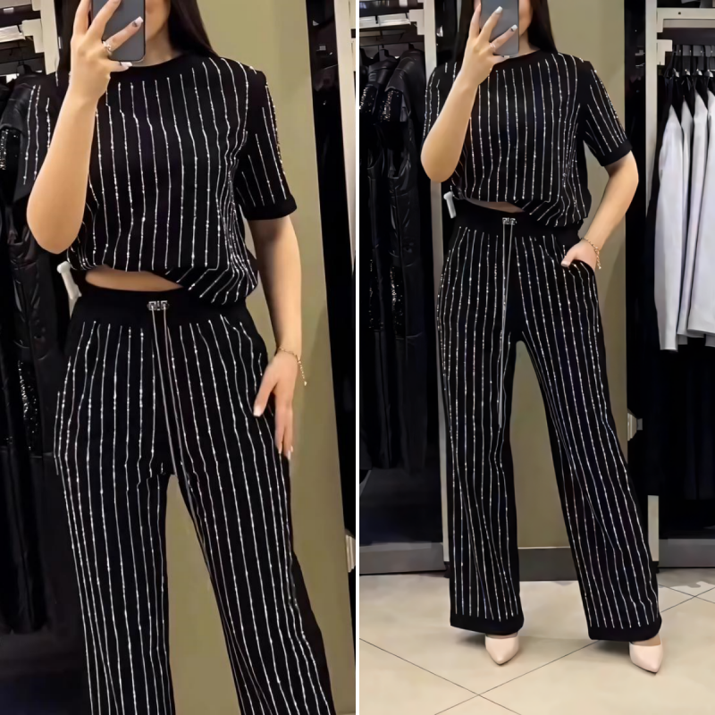 🌸2025 Hot Sale👠Women's Sparkling Rhinestone Striped Knit Two-Piece Set