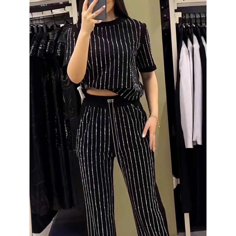 🌸2025 Hot Sale👠Women's Sparkling Rhinestone Striped Knit Two-Piece Set