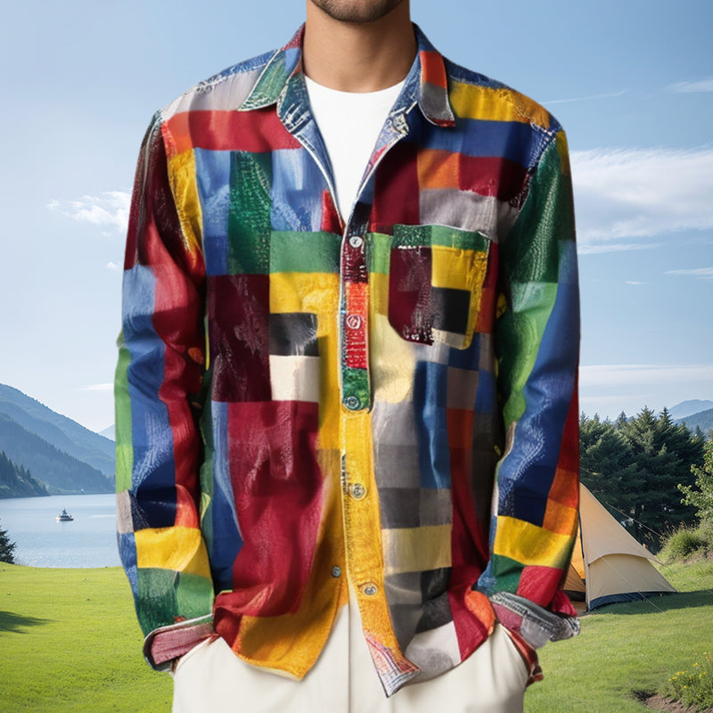 Rainbow Plaid Retro Lapel Shirt with Pockets