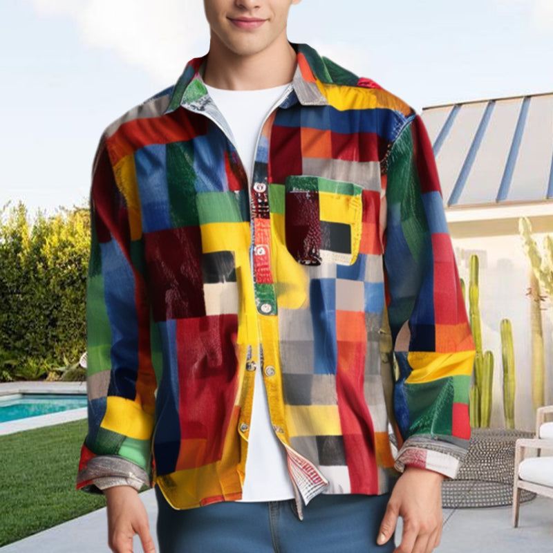 Rainbow Plaid Retro Lapel Shirt with Pockets