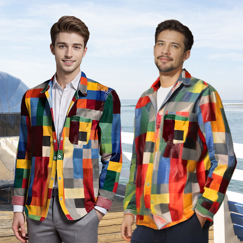 Rainbow Plaid Retro Lapel Shirt with Pockets