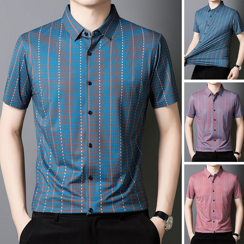 Men's Casual Vibrant Plaid High Stretch Lapel Short Sleeve Shirt