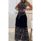 Women's Retro Pattern Ethnic Halter Sleeveless Top Wide Leg Pants Set
