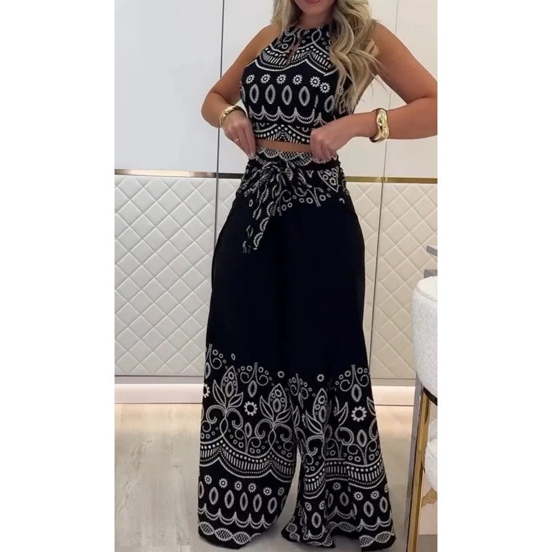 Women's Retro Pattern Ethnic Halter Sleeveless Top Wide Leg Pants Set