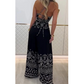 Women's Retro Pattern Ethnic Halter Sleeveless Top Wide Leg Pants Set