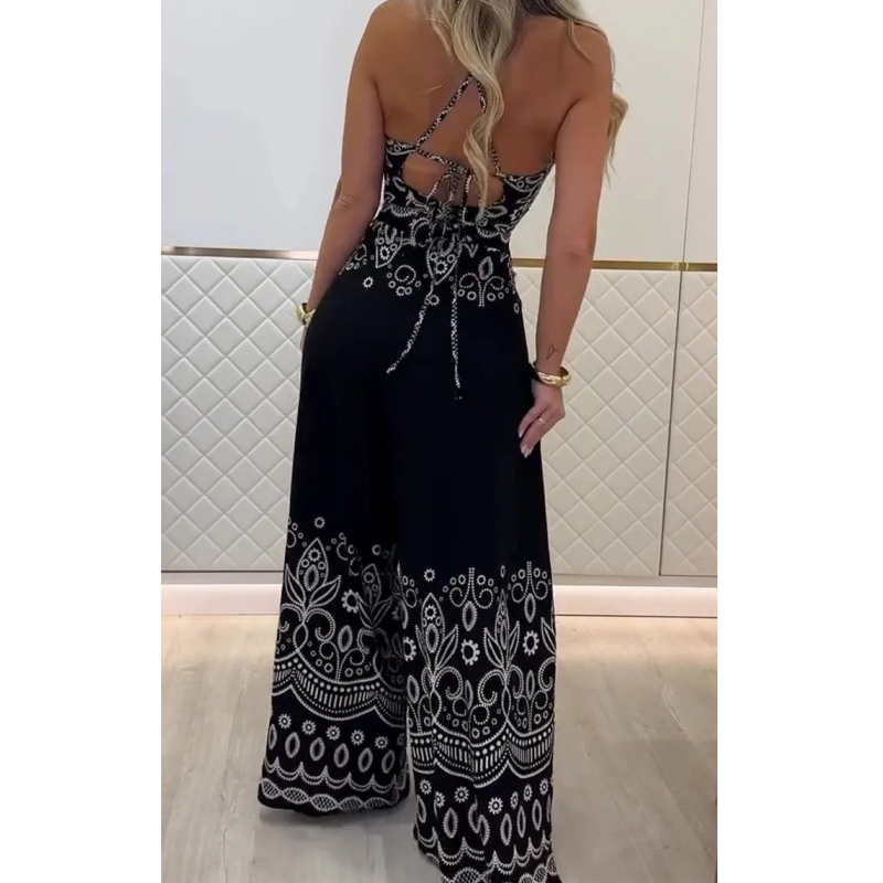 Women's Retro Pattern Ethnic Halter Sleeveless Top Wide Leg Pants Set