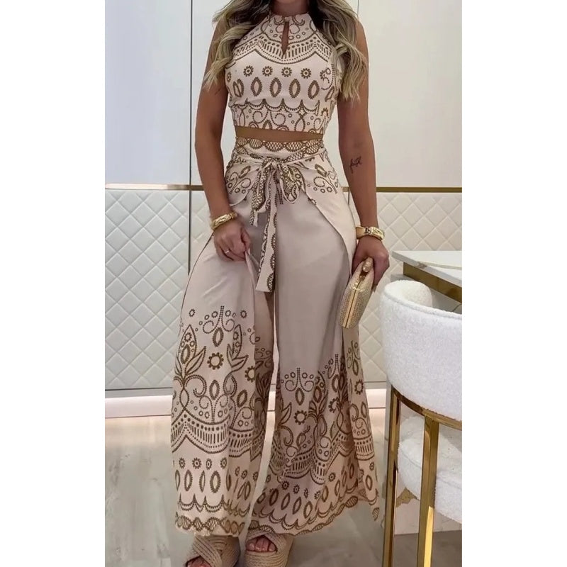 Women's Retro Pattern Ethnic Halter Sleeveless Top Wide Leg Pants Set