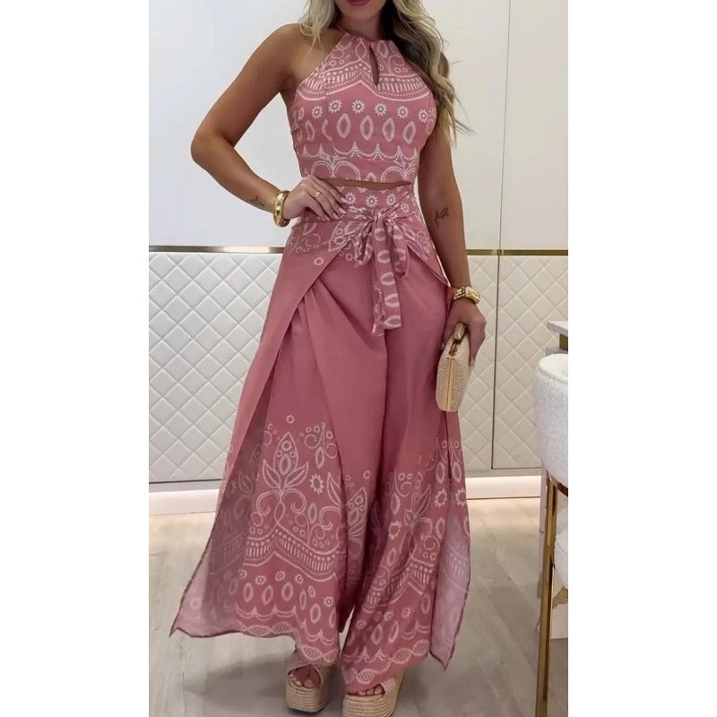 Women's Retro Pattern Ethnic Halter Sleeveless Top Wide Leg Pants Set