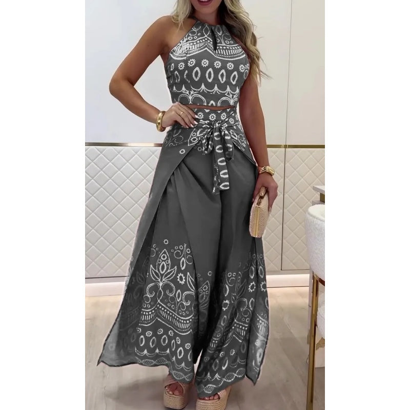 Women's Retro Pattern Ethnic Halter Sleeveless Top Wide Leg Pants Set