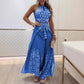 Women's Retro Pattern Ethnic Halter Sleeveless Top Wide Leg Pants Set