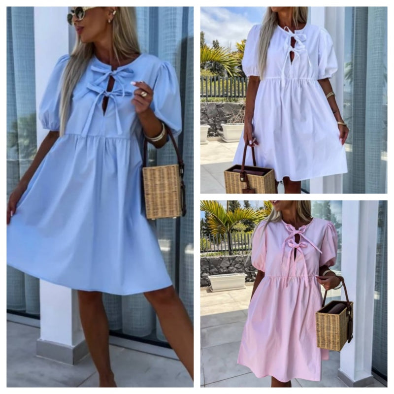 💕What should I wear tomorrow?💕Women’s Trendy Solid Color Bow Tie Front Puff Sleeve Dress