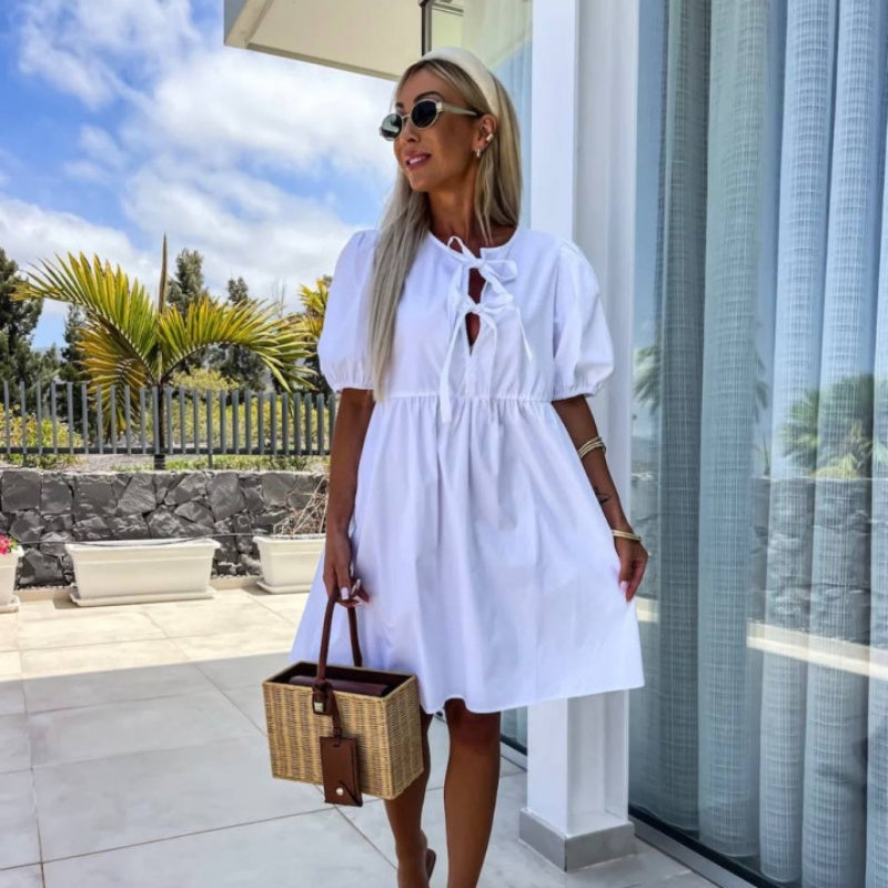 💕What should I wear tomorrow?💕Women’s Trendy Solid Color Bow Tie Front Puff Sleeve Dress