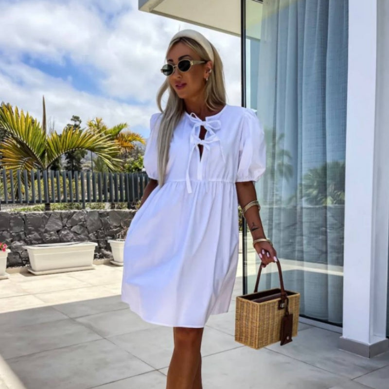 💕What should I wear tomorrow?💕Women’s Trendy Solid Color Bow Tie Front Puff Sleeve Dress