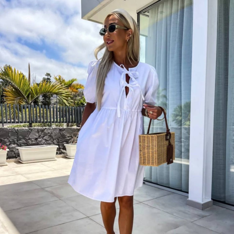 💕What should I wear tomorrow?💕Women’s Trendy Solid Color Bow Tie Front Puff Sleeve Dress