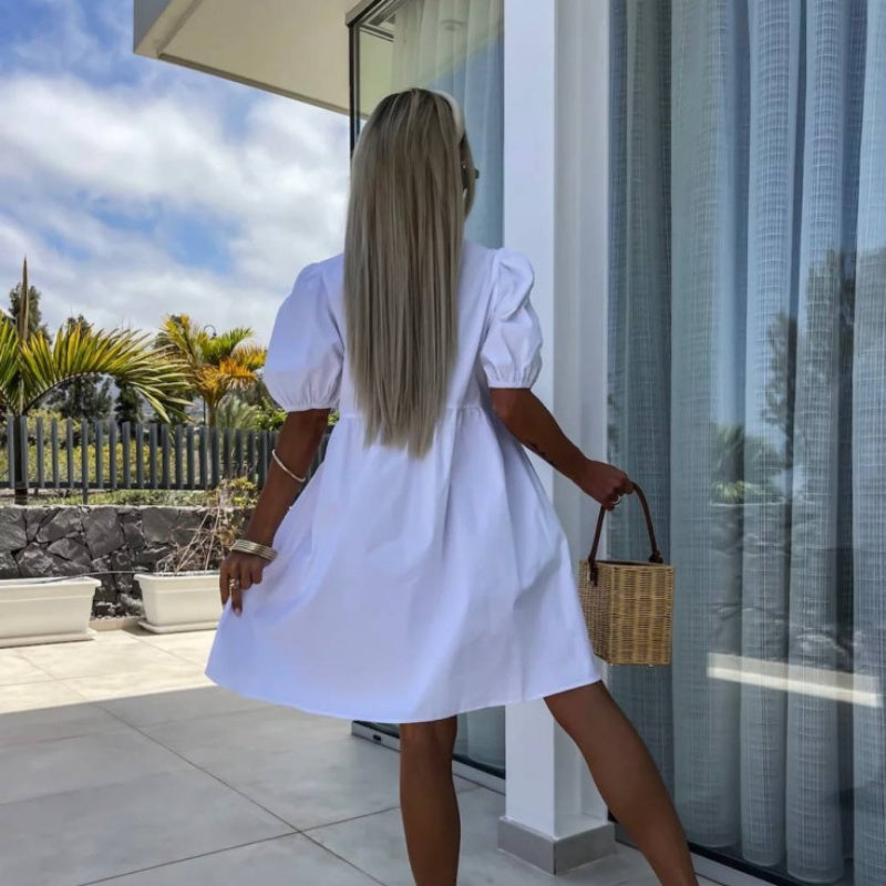 💕What should I wear tomorrow?💕Women’s Trendy Solid Color Bow Tie Front Puff Sleeve Dress