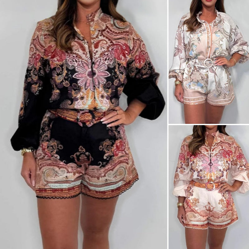 🌷Summer Hot Sale-49% Off🩵Fashion Prints Button Up Shirt Top & Belted Shorts Two Piece Set