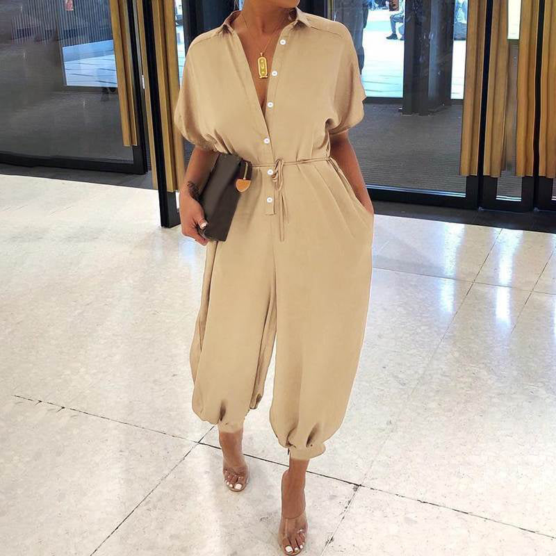 💖LAST DAY SALE 50% OFF💖Women's Casual Loose Short Sleeve Button Up Jumpsuit