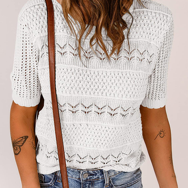 🎉Hot Sale 50% OFF🎉Women's Round Neck Hollow Knit Crochet Short Sleeve Sweater