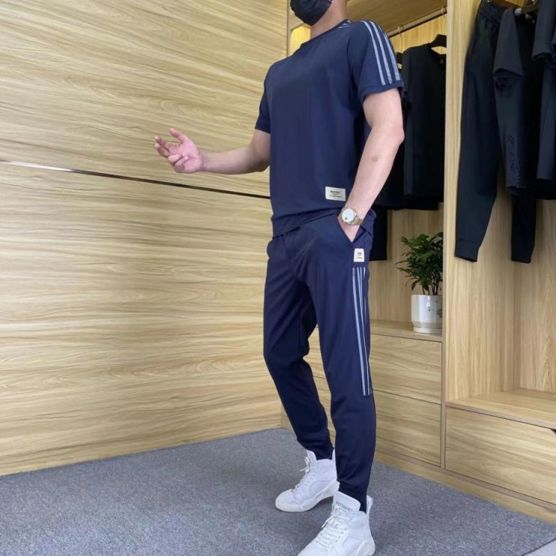 Men's High Stretch Short Sleeve Top & Jogging Pants 2-Piece Set