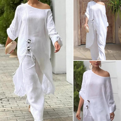 Women's Fashion Solid Color Slant Shoulder Long Top & Pants Two Piece Set