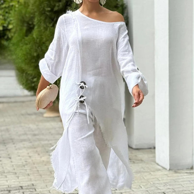 Women's Fashion Solid Color Slant Shoulder Long Top & Pants Two Piece Set