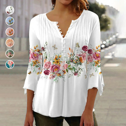 🩷Comfort You Deserve Up to 49% Off🔥Women's Floral Button V-Neck Pleated 3/4 Sleeve T-Shirt