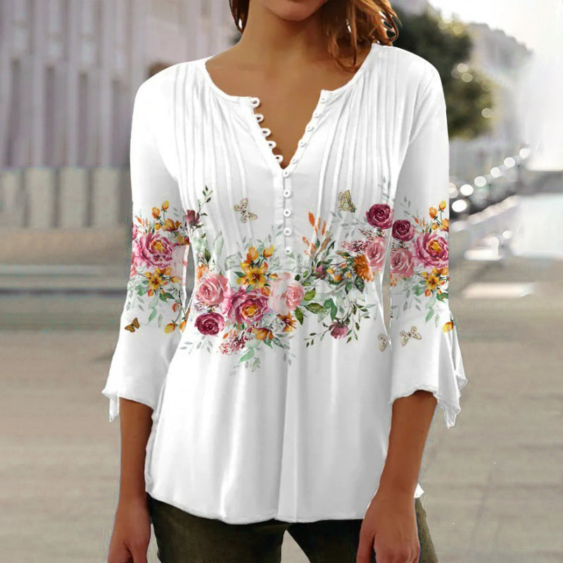 🩷Comfort You Deserve Up to 49% Off🔥Women's Floral Button V-Neck Pleated 3/4 Sleeve T-Shirt