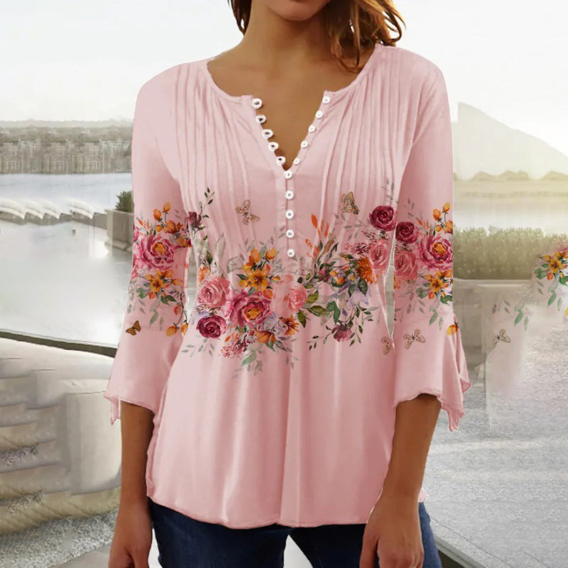 🩷Comfort You Deserve Up to 49% Off🔥Women's Floral Button V-Neck Pleated 3/4 Sleeve T-Shirt